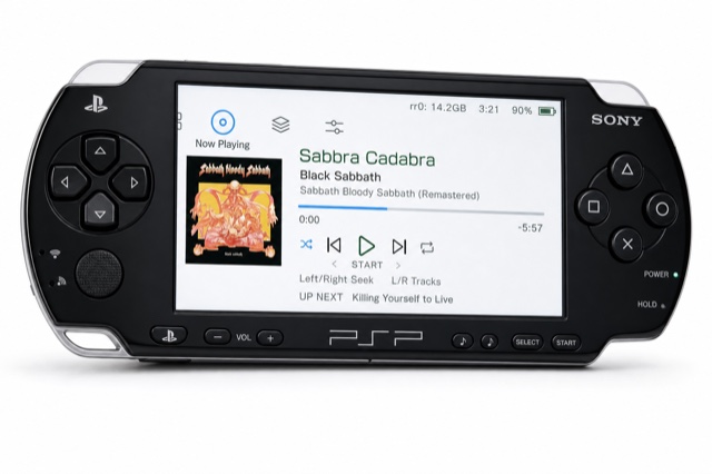 AAhead Music running on a black Sony PSP-1000: album art at left, track title and artist, and a playback progress bar on the 480x272 screen.